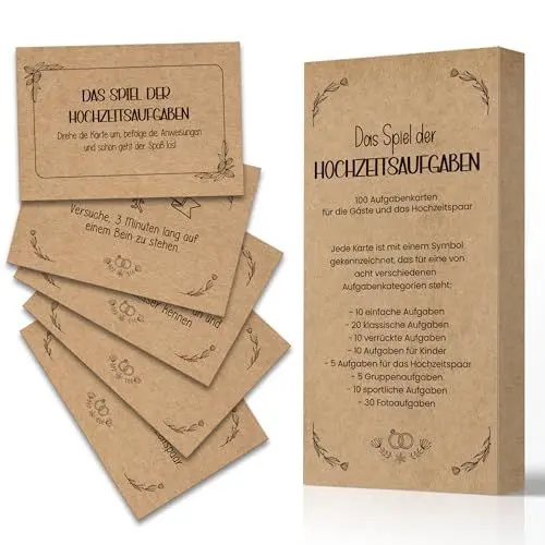 Produktbild: Hochzeits Aufgaben Karten, 100+10 Fotoaufgaben - Hochzeitsspiel für Gäste & Brautpaar, Hochzeit Partyspiel für Gäste, Fotoaufgaben Spiel, Kraftpapier, 9 * 6 cm, Perfekt für Gästebuch Hochzeit