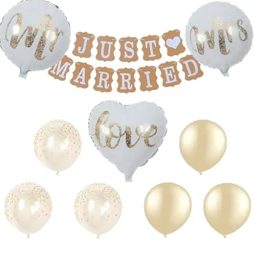 Produktbild: Hochzeitsdeko Set, Just Married Girlande Banner mit 9 Ballons, Mr und Mrs Heliumballons, Konfetti Luftballons für Hochzeit Dekoration, Brautdusche