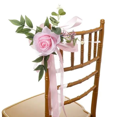 Produktbild: Hochzeits-Stuhl-Rücken-Blumen, Künstliche Rosenblumen, Hochzeit, Hochzeitsstuhl-Dekoration, Stuhllehnen-Blumendekoration, Kirchenbank-Stuhldekoration mit Bändern für Hochzeitsfeier(1 Stück Rosa)