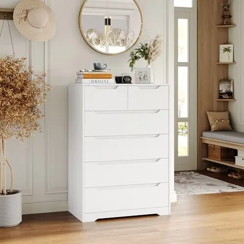 Produktbild: HOCSOK Kommode Weiß, Kommode mit 6 schubladen, Sideboard Highboard mit Viel Stauraum, Komodenschrank für Schlafzimmer, Wohnzimmer, Flur, Arbeitszimmer, Kein Griff, 110.5 x 70 x 40 cm