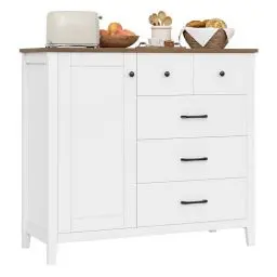 Produktbild: HOCSOK Sideboard, Küchenschrank mit 5 Schubladen und 1 Tür, Buffetschrank mit Arbeitsplatte für Küche, Esszimmer, Wohnzimmer, Flur, Holz, Weiß & Braun