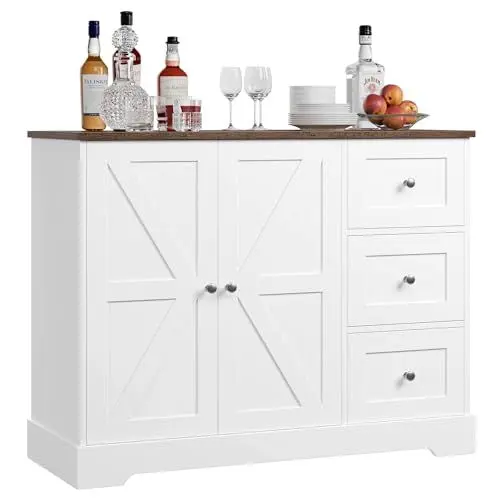 Produktbild: HOCSOK Sideboard, Küchenschrank mit 3 Schubladen und 2 Türen, Buffetschrank mit Arbeitsplatten für Küche, Esszimmer, Wohnzimmer, Weiß & Braun