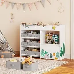Produktbild: HOCSOK Spielzeugregal, Kinderregal mit 10 Stoff Aufbewahrungsboxen, Bücherregal, Spielzeugkiste auf Rollen, Spielzeug-Organizer im Kinderzimmer, Weiß
