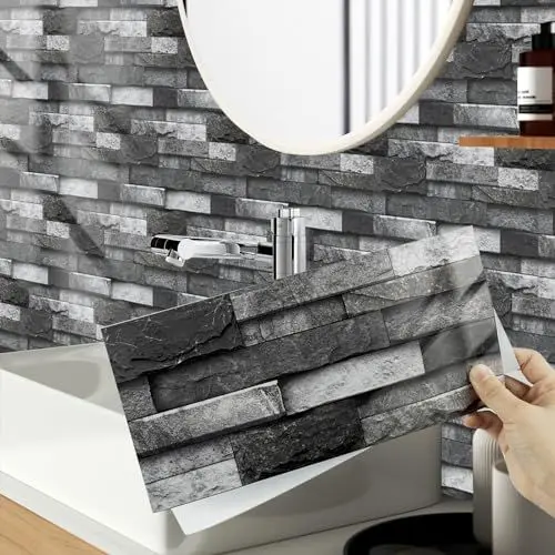 Produktbild: Hode 12 Stück Fliesenaufkleber Ziegel Grau 15x30cm, Selbstklebende Fliesen für Küchenrückwand, Klebefliesen Folie für Bad Wasserfest, Fliesenaufkleber Dunkelgrau Fliesenfolie Backstein für Kaminen