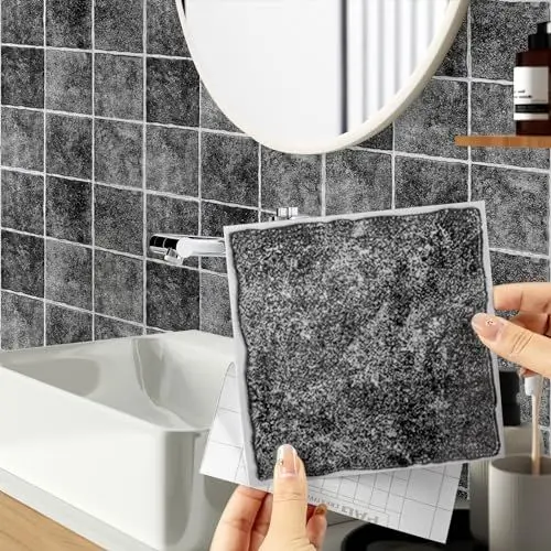 Produktbild: Hode Fliesenaufkleber 15x15cm Grau, Fliesenfolie Küche Selbstklebend, Fliesenaufkleber Badezimmer 24 Stück, Klebefliesen Dunkelgrau Wasserfest, Selbstklebende Fliesenfolie für Küchenrückwand