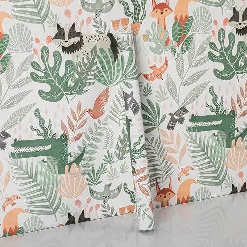 Produktbild: Hode Selbstklebende Tapete Blumen(44x600cm), Klebefolie Möbel Grün Blatt, Möbelfolie Selbstklebend Wasserdicht, Folie für Möbel Krokodil Füchse Mustertapete Dekoration für Schrank Kinderzimmer