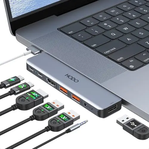 Produktbild: HODO USB C Hub für MacBook Pro Air, Adapter Mac Zubehör mit Thunderbolt 3, 4K HDMI, 2 USB 3.1 10Gbps, USB-C, USB2.0, 3.5mm Audio, Kompatibel 2024 2023 2022 2021 M3 M2 M1 Laptop