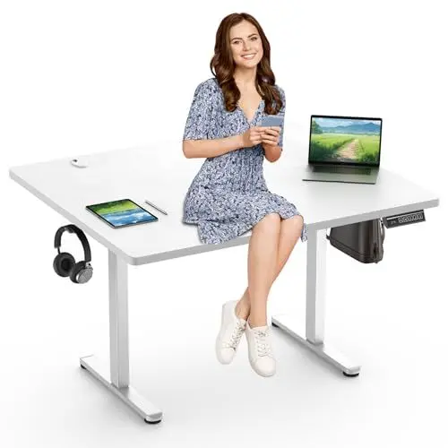 Produktbild: Höhenverstellbarer Schreibtisch Elektrisch, Ergonomischer Steh Sitz Tisch Verstellbarer Computertisch für Zuhause Büro, Solides Stahlgestell, One-Touch-LED Anzeige mit 3 Memory Funktion, Haken, Weiß
