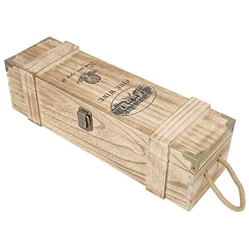 Produktbild: Hölzerne Weinkiste, Einzelflaschen-Rotweinkiste Einzelne Weinflasche Holz Aufbewahrungsbox Rotwein Aufbewahrungsbox Dekoration mit Seil Holzkiste Geschenkbox Weinbox