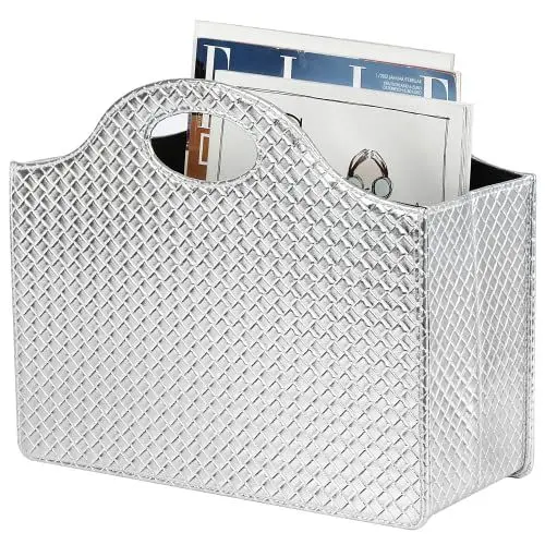 Produktbild: HofferRuffer Zeitschriftenhalter mit Griff, faltbarer Zeitschriftenständer aus PU-Leder, Dokumentenhalter, Zeitschriftenkorb, Zeitungsaufbewahrung für Büro, Couchtisch, Wohnzimmer, Rezeption (Silber)