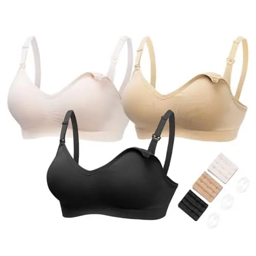 Produktbild: HOFISH Damen 3er-Pack Seamless Clip unten tief V-Ausschnitt, Push-Up-Still-BH Schwangerschafts-BHs 3Pack inlcuding Extenders & Clips Klein 3pcs / Packung (Push-Up: pink-schwarz-beige)