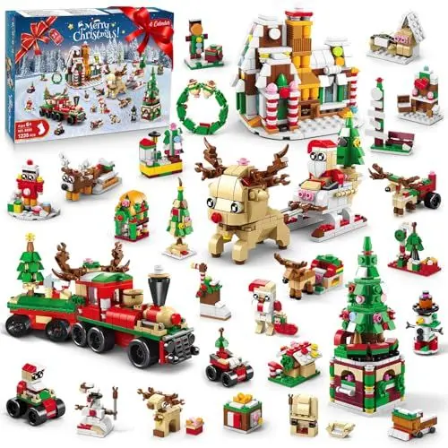 Produktbild: HOGOKIDS 24er Pack Weihnachten Bauset mit LED Licht – 28-in-1 Weihnachtsbaustein Spielzeug für Kinder | Weihnachtsspielset mit Weihnachtsmann Weihnachtsbaum Geschenk für Jungen Mädchen von 6-12