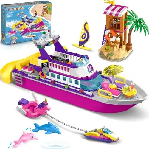 Produktbild: HOGOKIDS Bootsbausatz mit LED-Licht – schwimmfähiges Kreuzfahrtschiff-Bauspielzeug mit Strand-Wasserscooter Delfin, Freunde-Spielset, Geschenke für Kinder Mädchen Jungen von 6–12 Jahren (501 Teile)
