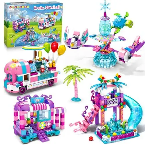 Produktbild: HOGOKIDS Mädchen Freizeitpark Rutsche Bausatz - 684 Stücke Friends Ice Cream Truck Baukasten 4 IN 1 Modell Prinzessin Wasserpark Spielzeug Christmas Geschenk für Kinder Mädchen 6 7 8 9 10 Jahre alt