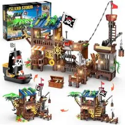 Produktbild: HOGOKIDS Piratenschiff Wharf Bauspielzeug mit LED Licht – 781Teile Mittelalterliches Piraten Haus Bausteinset, Architektursteine Set für Kinder Mädchen Jungen 6-12+ Erwachsener Geburtstagsgeschenk