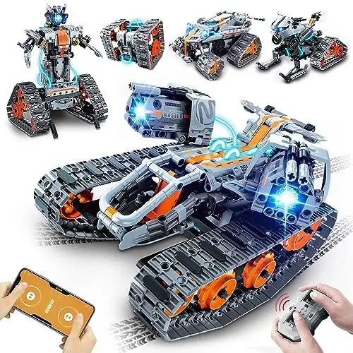 Produktbild: HOGOKIDS Technik Ferngesteuert Bauspielzeug mit LED Licht - 5 in 1 RC Roboter Tracked Racer mit App & Fernsteuerung, 604 Stück Technic Panzer Auto Spielzeug für 6-12+ Jahre alte Kinder Jungen Mädchen