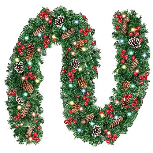 Produktbild: HOHAOO 8,8 Ft Vorbeleuchtete Weihnachtsgirlande mit Lichtern, Blumen und Kugeln, Weihnachtsgirlande für Weihnachtsdekorationen zu Hause, im Freien, drinnen, Kamin, Treppen, Rot, 8.8 feet, garland-01