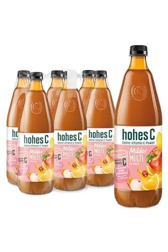 Produktbild: hohes C Milder Multivitamin (6 x 1l), 100% Saft, Apfel, Orange, Acerola, Mango, 7 Vitamine, ohne Zuckerzusatz laut Gesetz, weniger Säure, vegan