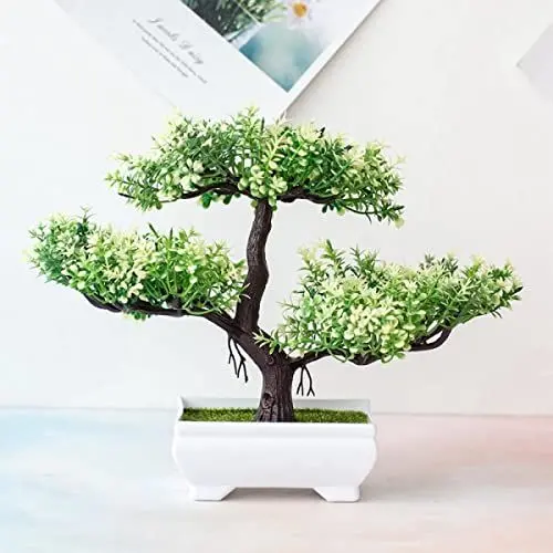 Produktbild: HOHOVYVY Bonsai Kunstpflanze Künstlicher Bonsai Baum, Bonsai Naturgetreue Kunstpflanze Künstlicher Bonsai, Plastik Kunstpflanze Für Büro/Fensterbank/Hof Tischdeko Büro Deko, Weiß
