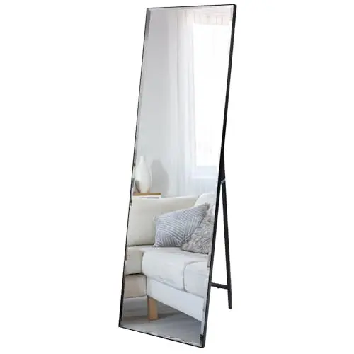 Produktbild: Hoikwo 140x41cm Standspiegel Ganzkörperspiegel mit Ständer, Vertikaler Wandspiegel für Schlafzimmer, Wohnzimmer, Ankleidezimmer, Flur(Schwarz Ankleidespiegel)
