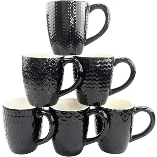 Produktbild: Hoikwo 380ml Kaffeetassen Set 6er, Kaffeebecher mit Reliefmuster – Moderne Becher Porzellan für Kaffee, Tee, Cappuccino, Latte, Milch, Kakao, Saft und weitere Heißgetränke (Schwarze Tassen)