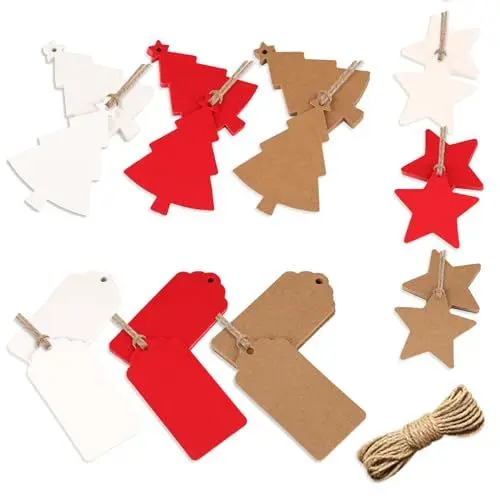 Produktbild: Geschenkanhänger Weihnachten, 136 Stück Weihnachtsanhänger, Kraftpapier Anhänger Stern mit Schnur, Etiketten zum Beschriften, Geschenk Anhänger Stern für Weihnachtsgeschenke Weihnachtsbäume Deko