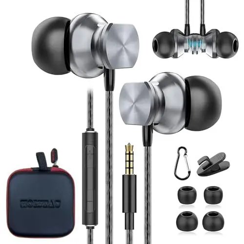 Produktbild: HOISTAC Kopfhörer, In Ear Kopfhörer Kabel, Ohrhörer mit Mikrofon und Lautstärkeregler, Magnetische Leichte Ohrhörer mit 3.5mm Kopfhörer für Tablet, Laptop, Smartphone, MP3 Player, PC und Android Handy