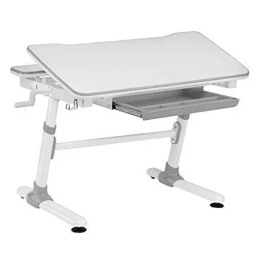 Produktbild: HOKO Kinderschreibtisch, Kinder Schreibtisch 98x70 cm, Kinderschreibtische Höhenverstellbar 58-80 cm für Kinder ab 6 Jahren, neigbare Tischplatte (0-25°) & Schublade, Belastbar bis 100 kg (Weiß/Grau)