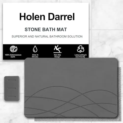 Produktbild: Holen Badematte Stein, Diatomite Stone Bath Mat Quick Drying 60 x 40 cm, rutschfeste Stein Badematte, umweltfreundlich Stilvolle Elegante Wohnkultur Grau