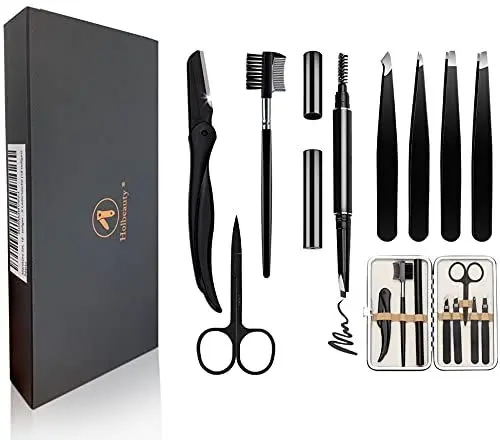 Produktbild: Holesto® 8er Set Augenbrauen Pinzette - Tweezers - Pinzette zum Augenbrauen Zupfen - Pinzetten-Set mit Augenbrauenstift - Augenbrauenpinsel - Schere und 4 Verschiedenen Pinzetten inkl. Etui Tasche
