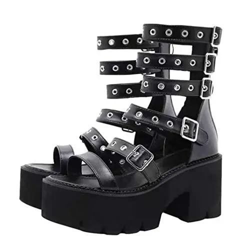 Produktbild: Holibanna 1 Paar Sandalen Sommer Römische Schuhe Niedrige Stiefel Gothic Goth Plattform Schuhe Goth Sandles Frauen Dicker Absatz Stiefel Mit Runder Spitze Absatzhöhe: 8cm Fräulein