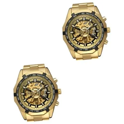 Produktbild: Holibanna 2 Stück Herren-chronograph Mit Automatischem Aufzug Edelstahlband Automatische Mechanische Uhr Golden/schwarz
