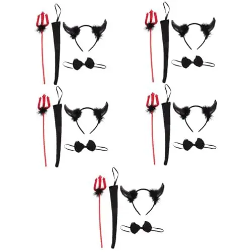 Produktbild: Holibanna 5 Sets Dämonen Zubehör Set Kostüm Outfit Für Männer Teufelsohren Haargummis Für Frauen Herren Accessoires Halloween Teufels Stirnband Teufels Stirnband Und
