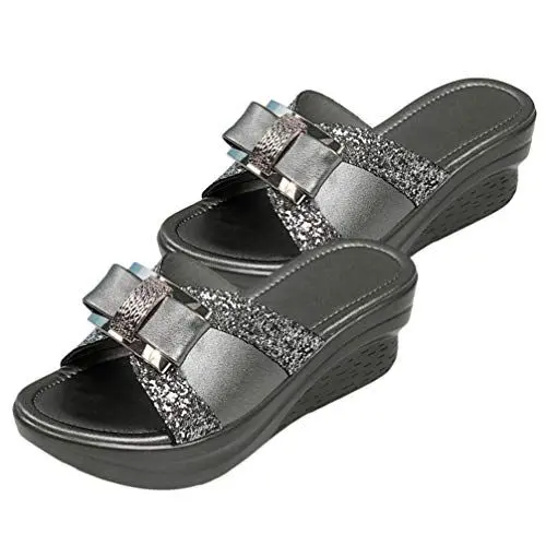 Produktbild: Holibanna Damen Plateau Keil Pantoletten Peep Toe Slipper Sandalen Slip auf Modesandalen mit Bowknot Pailletten Dekor Ferse Höhe 5 cm