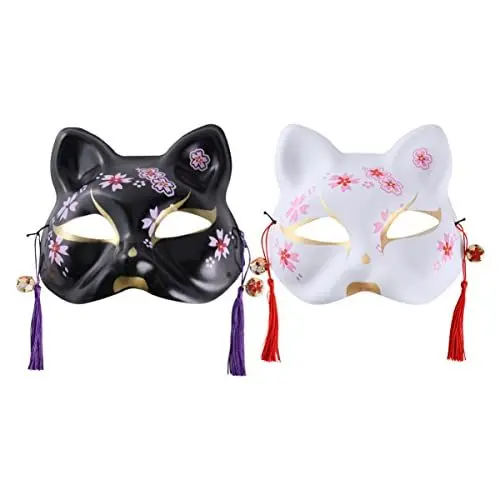 Produktbild: Holibanna Kitsune-Fuchs-Masken 2 Stück Handbemalte Halbgesichts-Cosplay-Masken Im Japanischen Stil Katzen-Tier- Zubehör Für Halloween-Maskerade-Drama-Kostüme