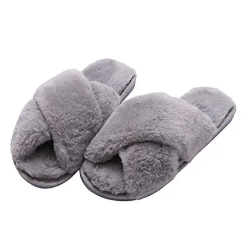 Produktbild: Holibanna Kunstpelz Winter Pantoffel Frauen Mädchen offene Zehe Flauschige Pantoletten Plüsch Wohnungen Schuhe für Mädchen 36-37 EU grau