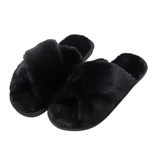 Produktbild: Holibanna Kunstpelz Winter Pantoffel Frauen Mädchen offene Zehe Flauschige Pantoletten Plüsch Wohnungen Schuhe für Mädchen 38-39 EU Schwarz