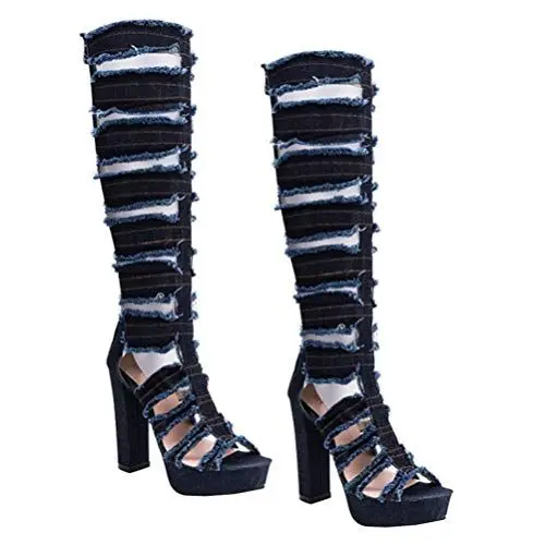 Produktbild: Holibanna Riemen Dunkelblau Womens Gladiator Hohe Sandalen Offene Up Strappy Block Heels Pumpen Denim Peep Offene Gladiator Sandalen Schuhe Hochhackige Cowboystiefel