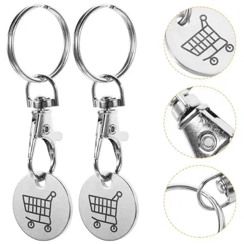 Produktbild: Holibanna Trolley-Token-Schlüsselanhänger 4 Stück Einkaufswagen-Schlüsselanhänger Edelstahl Trolley-Token-Münzen-Schlüsselanhänger Anhänger Geldbörsenanhänger Für Lebensmitteleinkaufswagen