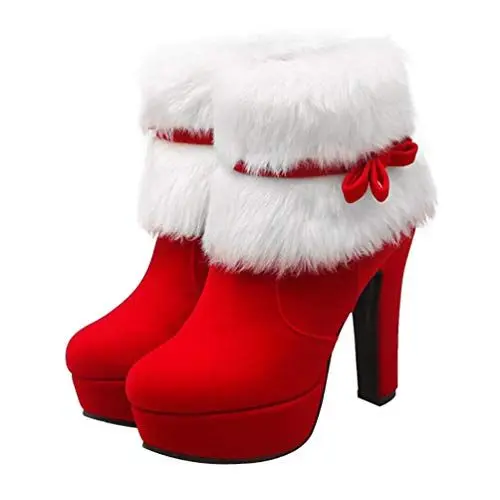 Produktbild: Holibanna Rote Schuhe Nikolaus Weihnachts-stiefeletten Winter-high-heel-plateau-stiefel Plüsch-reißverschluss-knöchelschuhe Damen-winter-kurzstiefel Mit Schleife Für Damen (rot 8 5us)