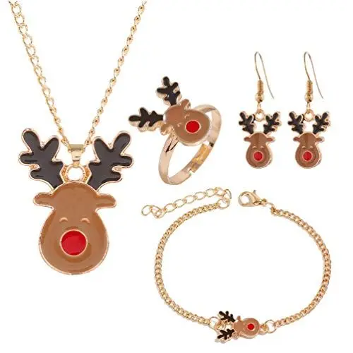 Produktbild: Holibanna Weihnachtsschmuck-Set Ohrringe Halskette Armband Ring Wapiti Kopf Weihnachtsmann für Damen Mädchen Damen
