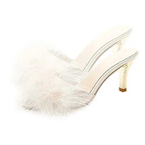 Produktbild: Holibanna Weiß Damen Faux Pelz Kätzchen Ferse Sommer Sandalen Maultiere auf Offene Spitze Backless Kleid Niedrigen Absätzen Slipper Rutschen Fuzzy Hausschuhe Sandale