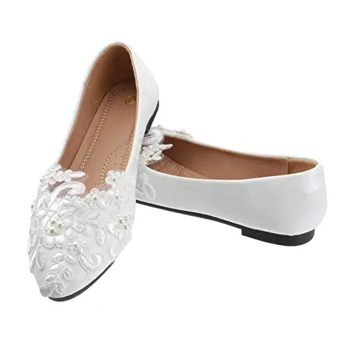 Produktbild: Holibanna Weiße Brautspitzenschuhe Frauen Hochzeit Flache Schuhe Schlüpfen auf Synthetische Spitze Ballerinas Schuhe