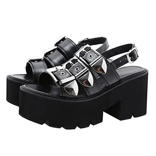 Produktbild: Holibanna Womens Schwarz Plattform Sandalen Casual Chunky Ferse Peep Toe Damen Punk Sandalen Sommer Schuhe (numeric 38 point 5