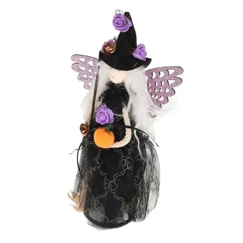 Produktbild: HOLIDYOYO Hexenbaum-Spitzenstern Halloween-Hexenstatue Halloween-Hexenpuppendekor Hexenbasis Halloween-Verzierung Halloween Wohnkultur Hut mit Baumspitze Halloween- -Baumspitze Plastik