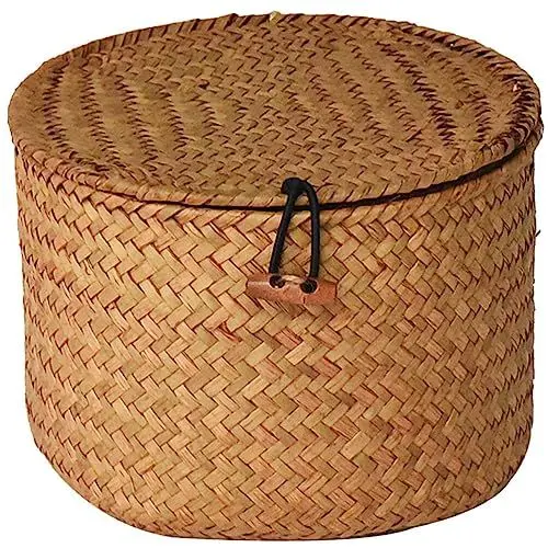 Produktbild: HOLIDYOYO Kleiner Weidenkorb Mit Deckel Runde Geflochtene Seegraskörbe Rattan-Aufbewahrungsbox Schreibtisch-Organizer Korbbehälter Für Kosmetik Brot Snacks Kommoden-Organizer