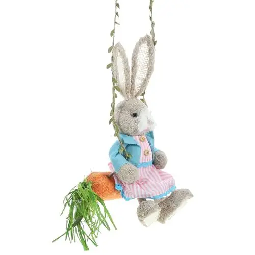 Produktbild: HOLIDYOYO Osterdekoration Hase Auf Karotte Schaukel Strohkaninchen-Statue Hängende Osterhasen-Figur Für Zuhause Drinnen Und Draußen Bauernhaus Frühlingsdekoration A