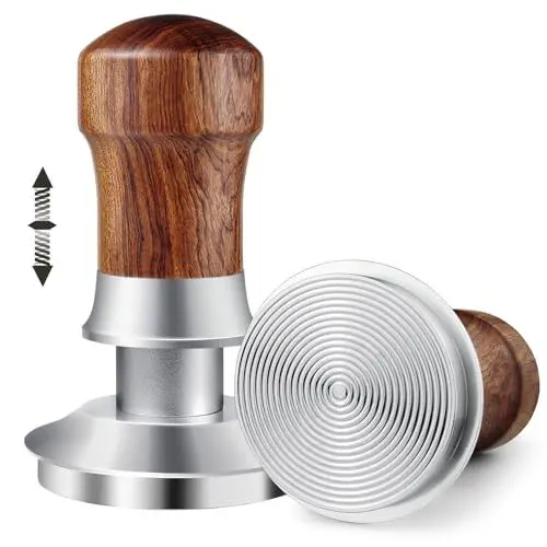 Produktbild: HOLIHOKY Coffee Tamper 54mm, 30lbs Anpressdruck Kaffee Tamper mit Edelstahl 304 Gewellter Boden, Konstanter Druck Doppelfeder Espresso Tamper für Sage Siebträger 54mm, Walnuss Holz Griff