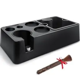 Produktbild: HOLIHOKY Tamperstation 51mm 54mm 58mm mit Abklopfbehälter für Siebträger, 8 in 1 Funktion Tamping Station aus ABS Kunststoff für Barista Zubehör, Abnehmbar Espresso Knock Box mit Walnuss Kaffeepinsel