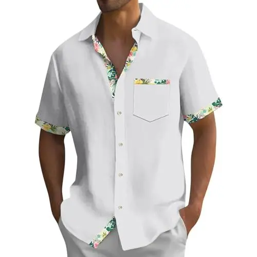 Produktbild: Boss Poloshirt Herren Polohemd Herren Polo Henley Shirt Leinen Hemd Herren Sommer Herren Herren Shirts Sommer Herren Leinenhemd Kurzarm Poloshirts Leinenhemd Herren Sommer Weiß 4XL